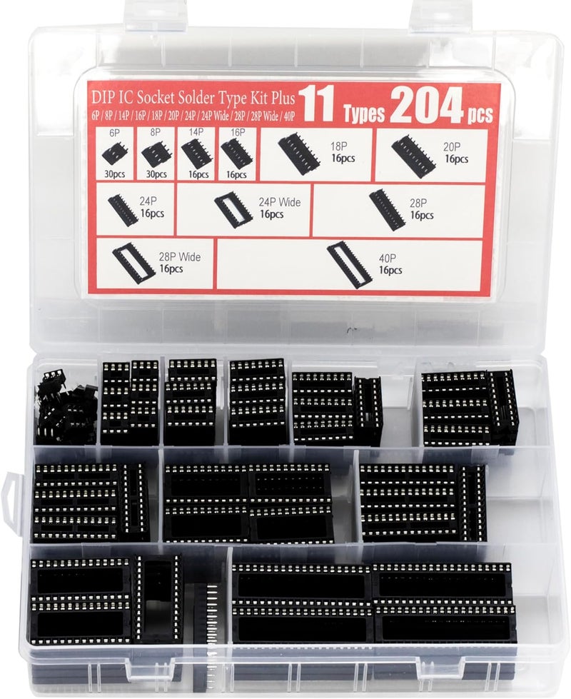 jujinglobal 204pcs 11 Types DIP IC Socket Kit 2.54mm 0.1" Pitch 6 8 14 16 18 20 24 24Wide 28 28Wide 40 Pin DIP IC Socket Solder Type Adaptor Assortment Kits - Image 2